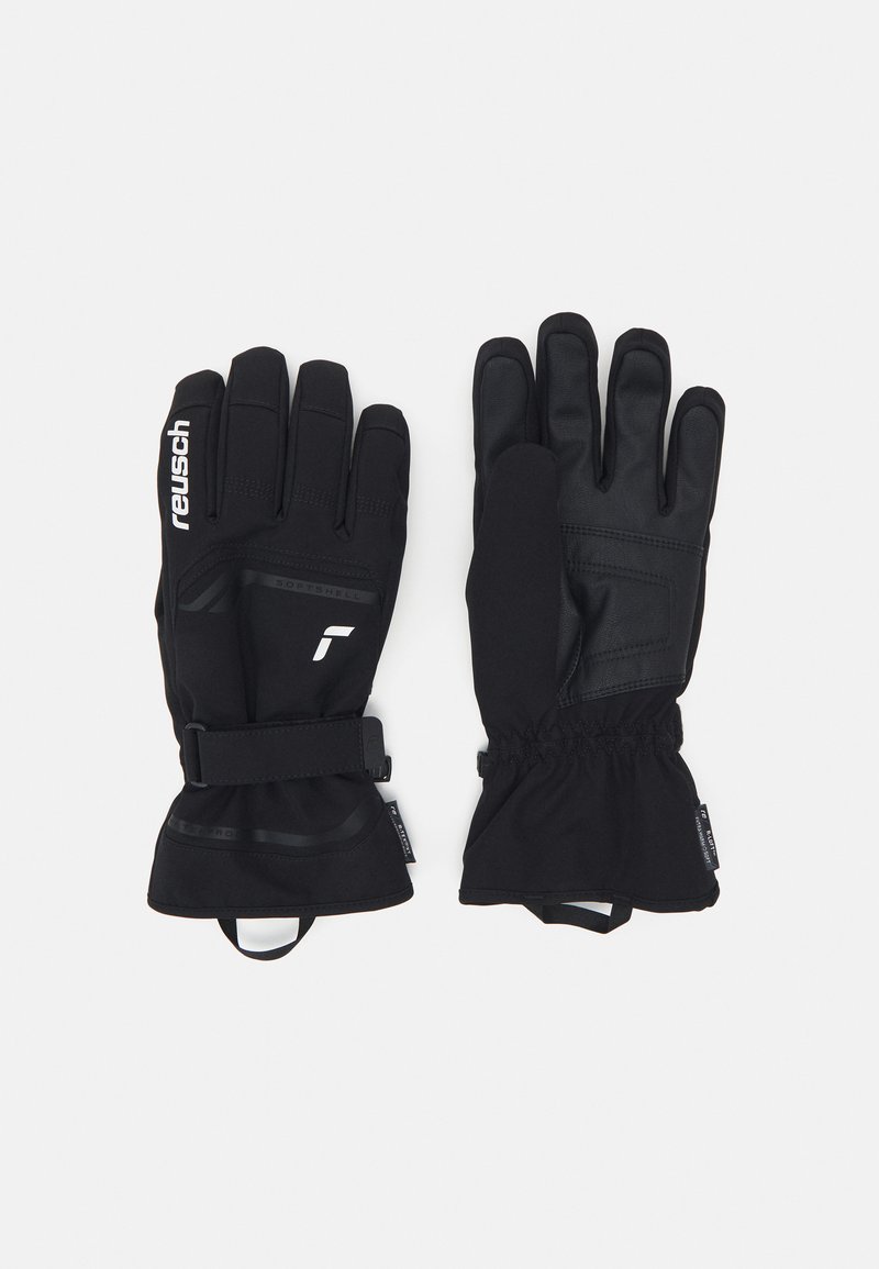 Gants noirs avec une paume texturée et un dos lisse, dotés d'une sangle réglable, de poignets élastiques et de détails de logo et de marque distincts.
