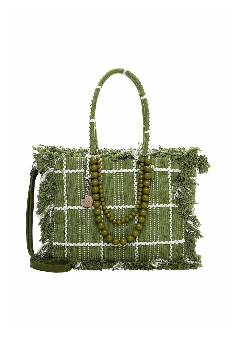 Zielona pleciona torebka z frędzlami, wzorem w kratę, podwójnymi uchwytami oraz dodatkiem w postaci naszyjnika z koralików. Zawiera odpinany pasek na ramię.