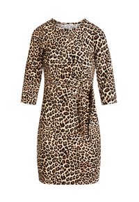 Leopardenmuster-Kleid mit rundem Ausschnitt, Dreiviertelärmeln, taillierter Silhouette und seitlichem Bindeband; aus weichem, elastischem Stoff gefertigt.