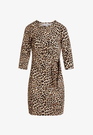 Jurkje met luipaardprint, een ronde halslijn, driekwart mouwen, een getailleerde pasvorm en een zijstrikdetail; gemaakt van zachte, elastische stof.