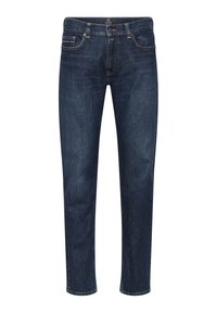 Vyriški tamsiai mėlyni liekni džinsai su priekinėmis kišenėmis, diržo kilpomis ir mygtuko uždarymu ant baltos fono.