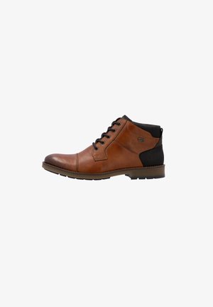 Braune Leder-Ankle-Boots mit schwarzen Wildlederakzenten, runde Spitze, sechs Schnürlöcher und einer strukturierten Gummisohle für guten Halt.