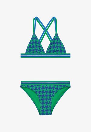Zöld és kék hounds-tooth mintás bikini, háromszög alakú toppal, keresztbe fonott pántokkal és illeszkedő mintás alsó résszel, díszes éllel.