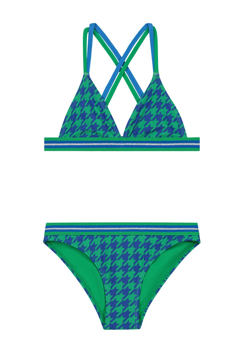 Bikini z zeleni in modri houndstooth potiskom, ki ima trikotni top z prepletenimi trakovi in ujemajoče patterned spodnje dele s dekorativnim robom.