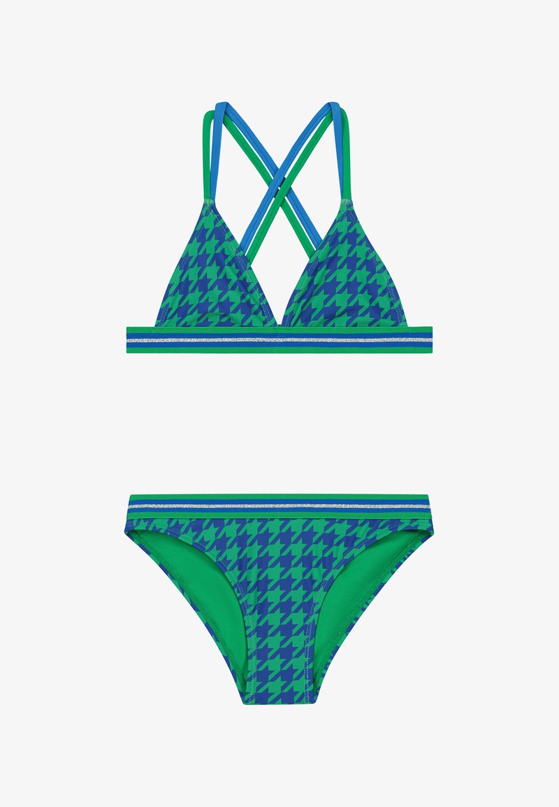 Bikini s potiskem zelené a modré houndstooth, s trojúhelníkovým vrškem s křížovými popruhy a odpovídajícími spodními díly s dekoračním lemem.
