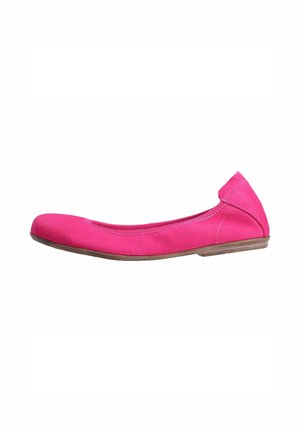 Bright pink women's ballet flat with rounded toe and low wooden sole, side view on white background.