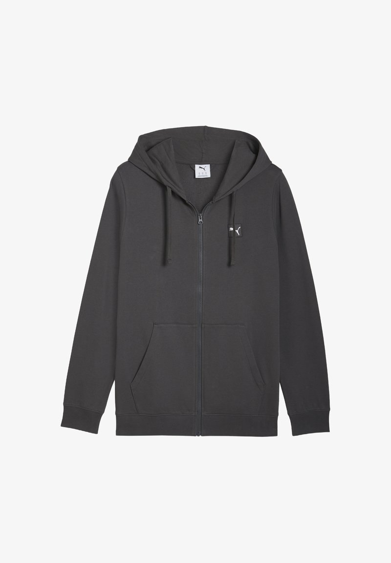 Tmavošedá mikina na zips vyrobená z bavlnenej zmesi. Obsahuje priestrannú kapucňu, šnúrky na stiahnutie a dve predné vrecká. Malý akcent s logom.