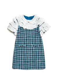 Μπλε και μαύρο καρό φόρεμα με λευκό σ�τρωτό κολάρο και μανίκια, διαθέτοντας δύο μπροστινές τσέπες με κουμπιά.