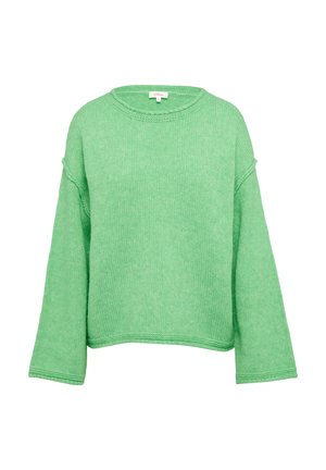 Grüner Strickpullover mit lockerer Passform, weiten Ärmeln und rundem Ausschnitt. Das strukturierte Gewebe zeigt ein weiches, leichtes Design.