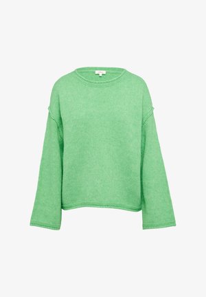 Grüner Strickpullover mit lockerer Passform, weiten Ärmeln und rundem Ausschnitt. Das strukturierte Gewebe zeigt ein weiches, leichtes Design.