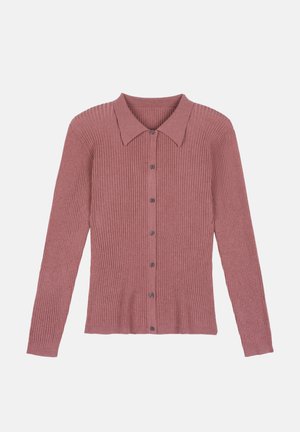Ribbed long-sleeve cardigan in dusty rose with a collared neckline, full button closure, and slightly curved hem. Buttons in a contrasting color.