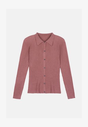 Cardigan lung cu mâneci lungi, cu textură ribbată, în nuanță de roz prăfuit, cu guler și închidere cu butoane pe întreaga lungime, având un tiv ușor curbat. Butoanele sunt de o culoare contrastantă.