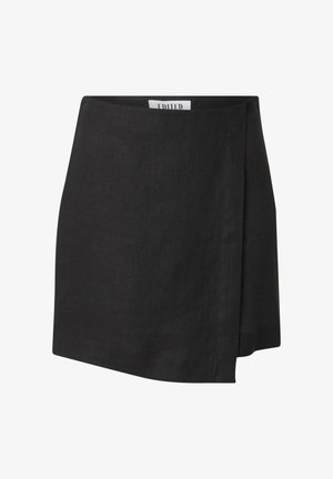 Black linen mini skirt with a wrap design, featuring clean lines and a slight asymmetrical hem. Label inside waistband is visible.