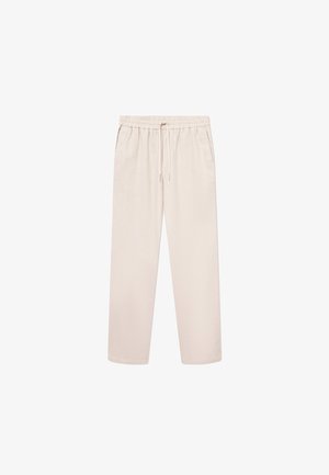 Pantaloni bej deschis, ușori, cu o croială lejeră, bandă elastică la talie, detaliu cu șnur și buzunare laterale. Textură netedă pe toată suprafața.