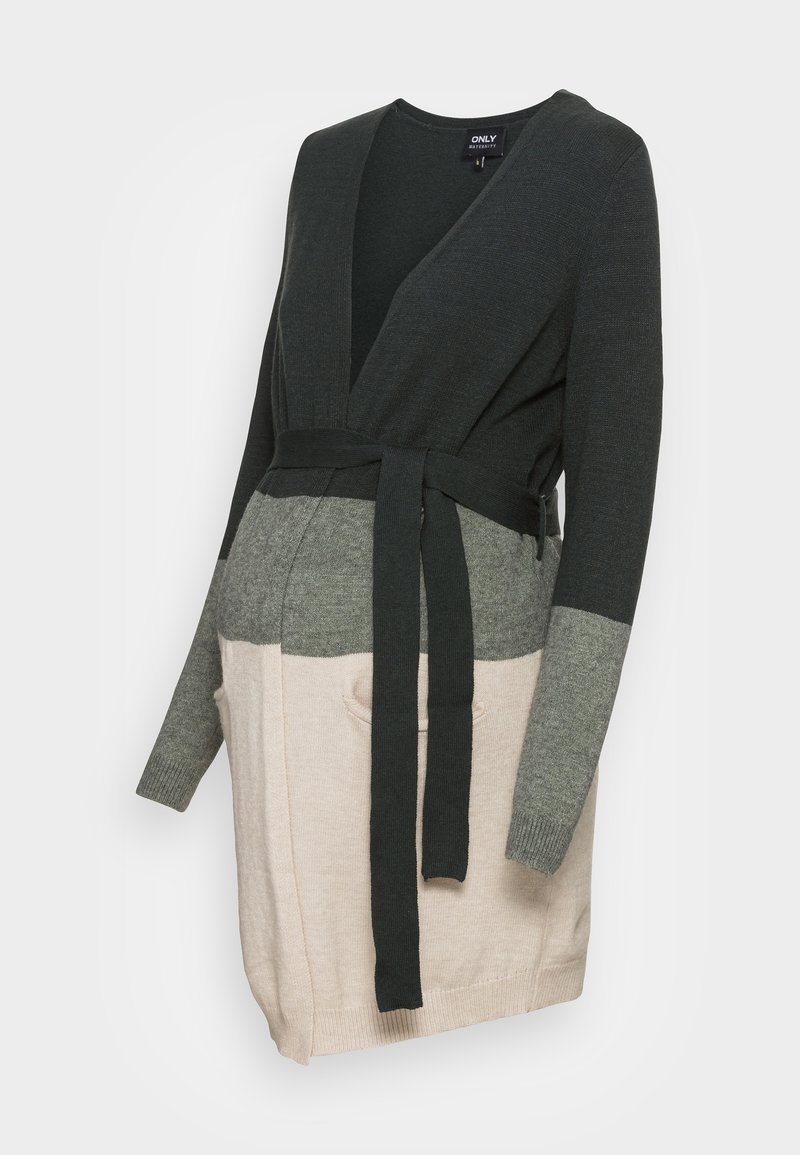 Cardigan en maille avec col en V profond et ceinture, avec des blocs de couleur en noir, gris et beige, manches longues et poches latérales.