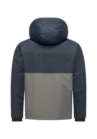 Giacca bicolore con parte superiore e maniche blu navy, sezione posteriore inferiore grigia, cappuccio attaccato e maniche con polsini neri, vista dal retro.