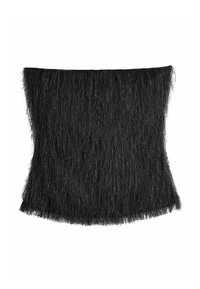 Czarny kawałek tkaniny o teksturze z włosiem, charakteryzujący się ró�żnymi długościami włókien, prostokątnym kształtem i ogólnym miękkim wykończeniem.