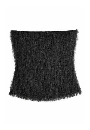 Juodas tekstūruotas audinys su į shaggy panašia išvaizda, turintis skirtingo ilgio plaukus, stačiakampio formos ir bendras minkštas paviršius.