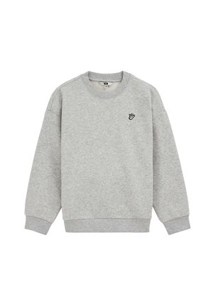 Sweat-shirt gris clair col rond avec manches longues et petit logo main noir sur la poitrine gauche, poignets et ourlet côtelés.