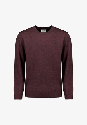 Bordeauxfarbener Strickpullover mit langen Ärmeln und Rundhalsausschnitt. Verfügt über ein kleines grünes Logo auf der linken Brust. Glatte Textur und reguläre Passform.