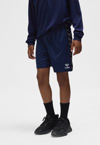 Donkerblauwe sportkorte broek met een elastische tailleband en zwarte zijstrepen. De korte broek heeft een logo op het linkeronderbeen. Er worden zwarte schoenen en sokken gedragen.