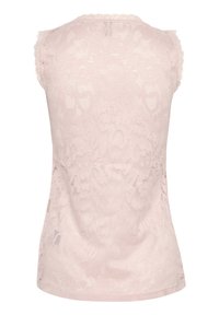 Rozā mežģīņu tops ar viļņotu dekoltē un īsām piedurknēm. Caurspīdīga, ziedu raksts; gluda tekstūra ar pieguļošu formu.