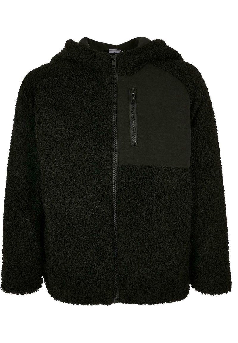 Schwarze Fleece-Zip-Up-Hoodie mit strukturiertem Außenmaterial, glattem schwarzen Einsatz auf der Brust und einer Reißverschlusstasche auf der Vorderseite.