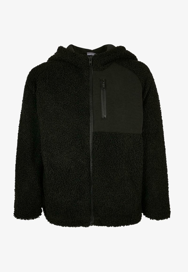 Sort fleece zip-up hoodie med en tekstureret overflade, glat sort panel på brystet og en lynlåslomme på forsiden.