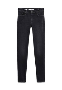 Jeans de mezclilla negros slim fit con cierre frontal de botón y cremallera, bolsillos delanteros y trabillas para cinturón.