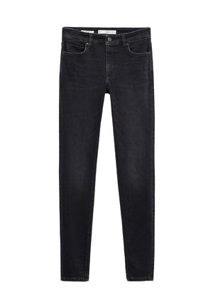 Zwarte slim-fit denim jeans met een knoop- en ritssluiting aan de voorkant, voorzakken en riemlussen.
