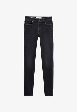 Jean en denim noir slim-fit avec fermeture à bouton et zip à l'avant, poches avant et passants de ceinture.