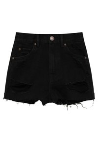 Shorts in denim nero con vita alta, dettagli strappati, orlo sfilacciato e quattro tasche. Presentano un bottone e rivetti metallici.