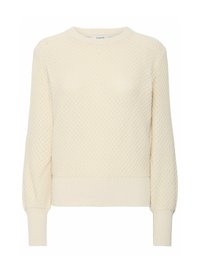 Pull en crème texturé avec un motif en nid d'abeille, poignets et ourlet côtelés, doté d'un col rond classique.