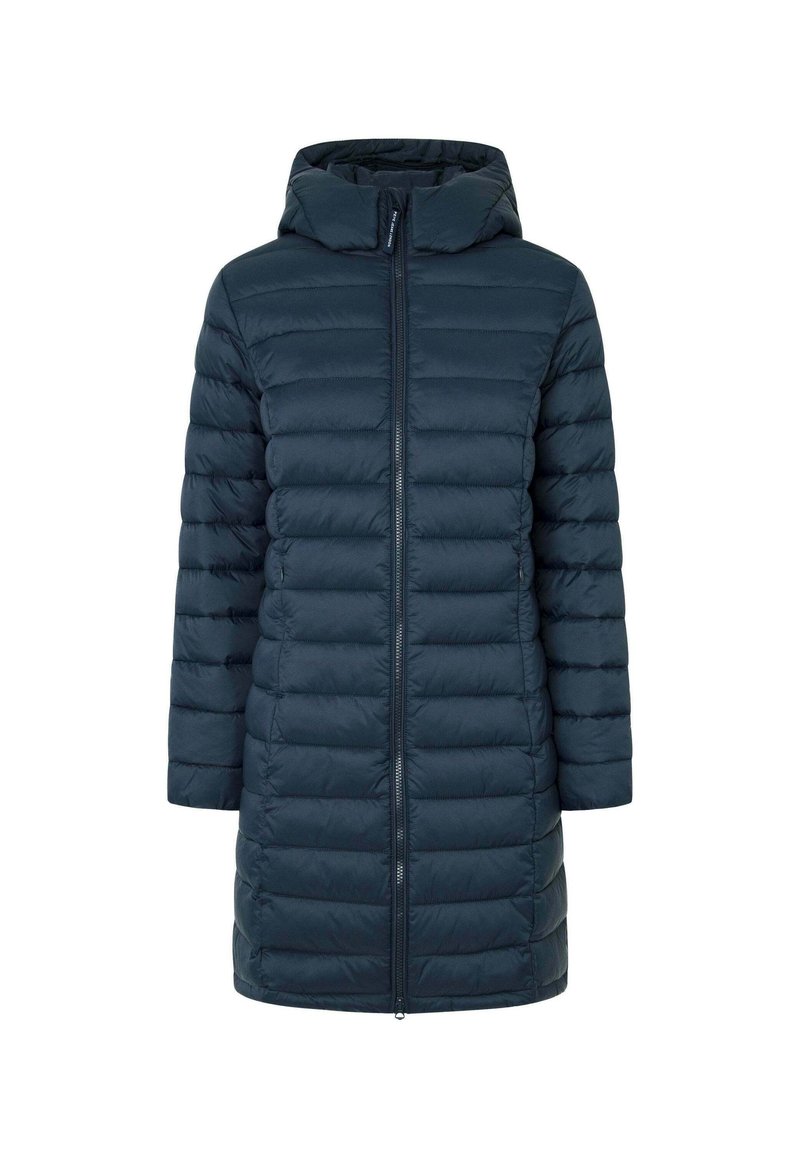 Cappotto imbottito di un blu scuro, con zip frontale, cappuccio e maniche lunghe. Tessuto liscio con un motivo a cuciture orizzontali su tutta la superficie.