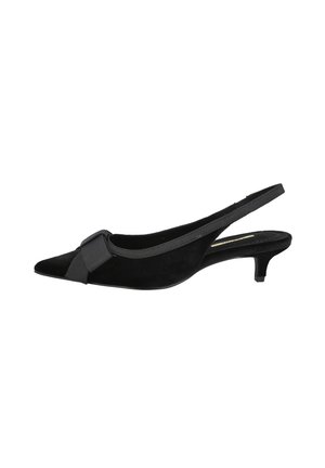 Zapato de ante negro tipo slingback con punta afilada, tacón bajo y un lazo decorativo en la parte superior. Textura suave y diseño elegante.
