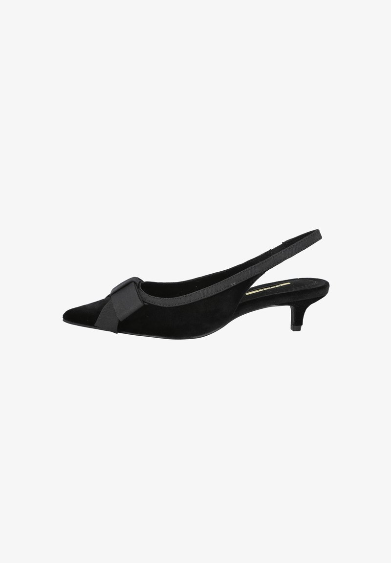 Zapato de ante negro tipo slingback con punta afilada, tacón bajo y un lazo decorativo en la parte superior. Textura suave y diseño elegante.