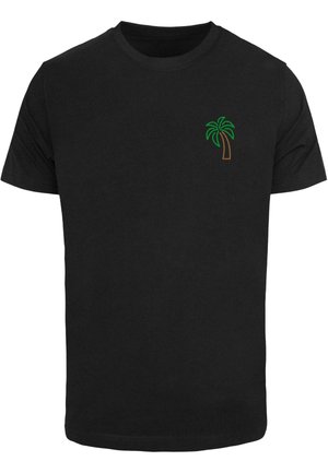 Black cotton t-shirt featuring a small palm tree graphic in green and brown on the left chest area. Classic crew neck design.