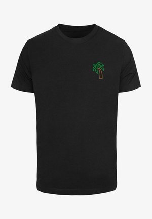 Black cotton t-shirt featuring a small palm tree graphic in green and brown on the left chest area. Classic crew neck design.