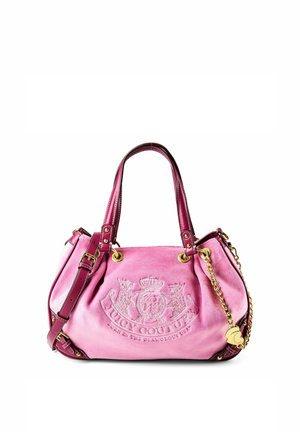 Rosa Juicy Couture Handtasche mit zwei Griffen, goldfarbener Kette und Ösen, geprägt mit Logo und verstellbarem Schultergurt.
