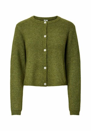 Groene geribbelde cardigan met een ronde hals, voorzien van lichte knopen aan de voorkant en lange mouwen. Geweven materiaal met textuur.