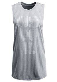 Grijze mouwloze sport tanktop met verticale strepen en een grote "JUST DO IT" graphic in een lichtere tint aan de voorkant. Gemaakt van Dri-FIT materiaal.