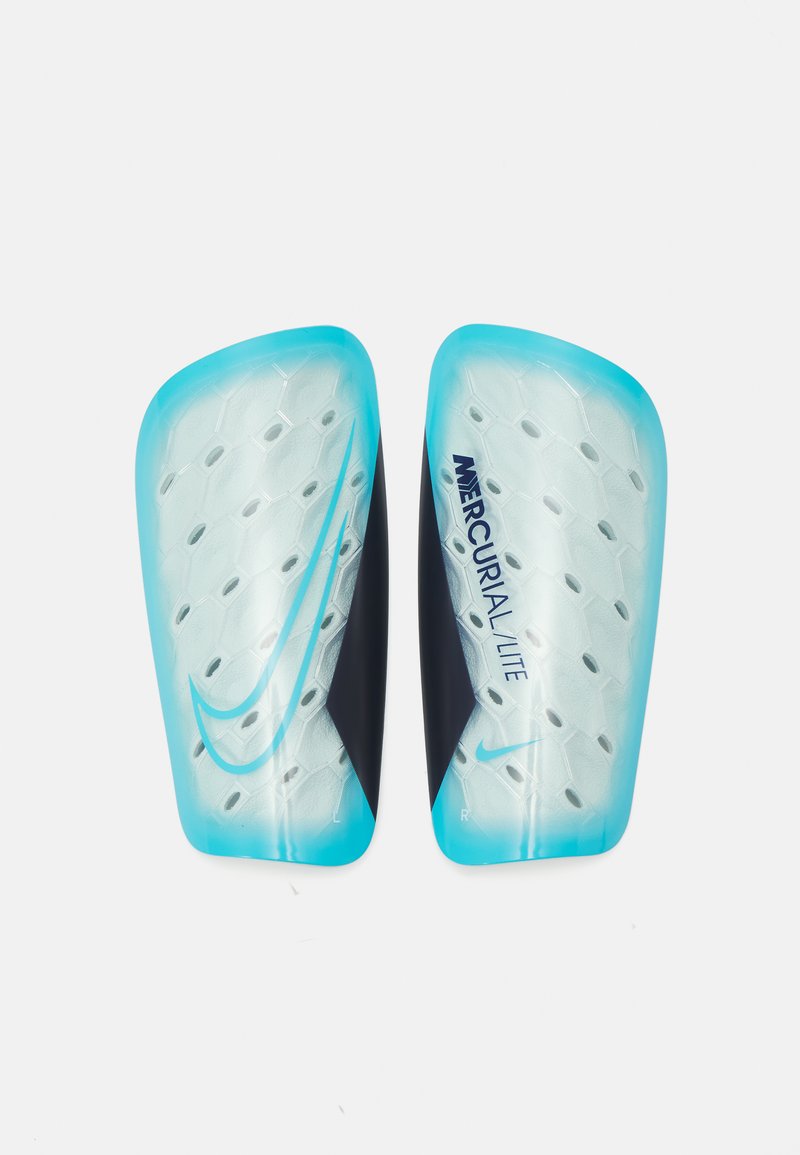 Lightweight blue and clear soccer shin guards with a honeycomb texture. Features black accents and branding text, including "MERCURIAL Lite."