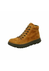 Stivale alto in suede marrone con occhielli in metallo, suola in gomma nera e collo imbottito, caratterizzato da una superficie testurizzata e punta arrotondata.