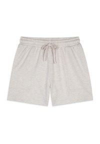 Pantaloni corti grigio chiaro in misto cotone con vita elastica e cordino, dotati di due tasche frontali e una finitura morbida e testurizzata.