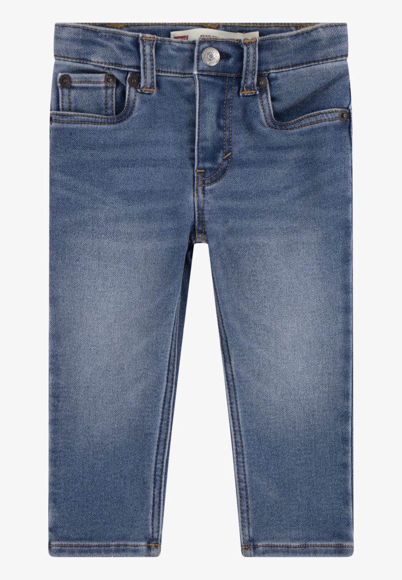 Jean en denim bleu avec un design classique à cinq poches, fermeture à bouton et coupe droite avec des détails de couture contrastants.
