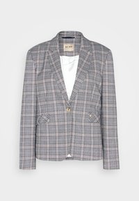 Marynarka w kratę w odcieniach szarości i różu, z pojedynczym zapięciem na guzik, dwoma przednimi kieszeniami oraz klapami z wcięciem, o dopasowanym kroju.