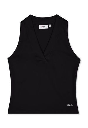 Musta hihaton V-pääntiellä varustettu paita, jossa FILA-logo helman kohdalla ja kokomerkintä S sisäkauluksessa.