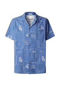 Blaues kurzärmeliges Hemd mit Knöpfen, verziert mit weißen Stickereien von Krebsen und Hummern sowie Text-Patches mit der Aufschrift "PEPE JEANS LONDON" und "DENIM BRAND".