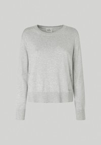 Pull gris clair à col rond en tissu tricoté doux, avec manches longues, poignets côtelés et ourlet court avec un détail latéral subtil.