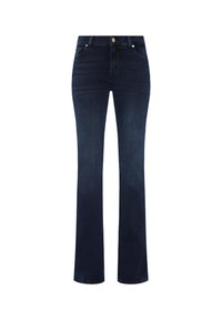 Mörkblå denimjeans med rak bendesign, femfickorsstil och en enda metallknapstängning vid midjan.